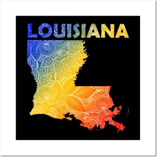 Colorful mandala art map of Louisiana with text in blue, yellow, and red Posters and Art